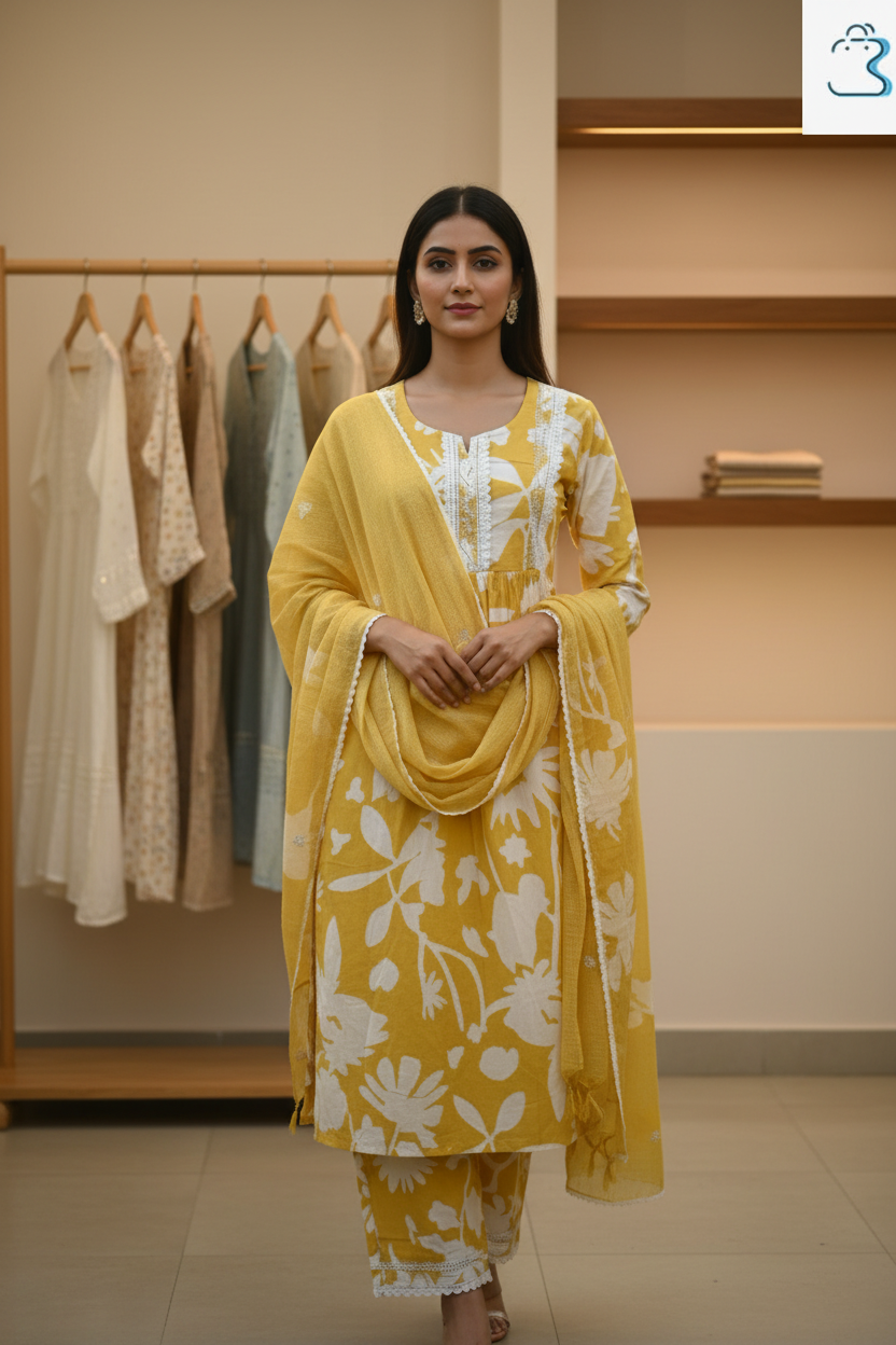Yellow Floral Printed Kurti Set with Lace Detailing for Women