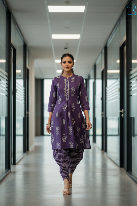 Purple Ethnic Printed Cotton Kurti Dhoti Style Set for Women