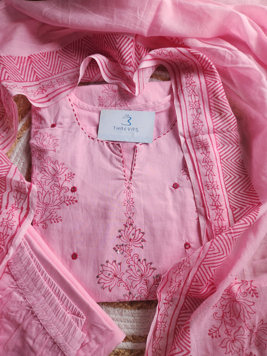 Soft Pink Embroidered Cotton Kurti Set with Dupatta