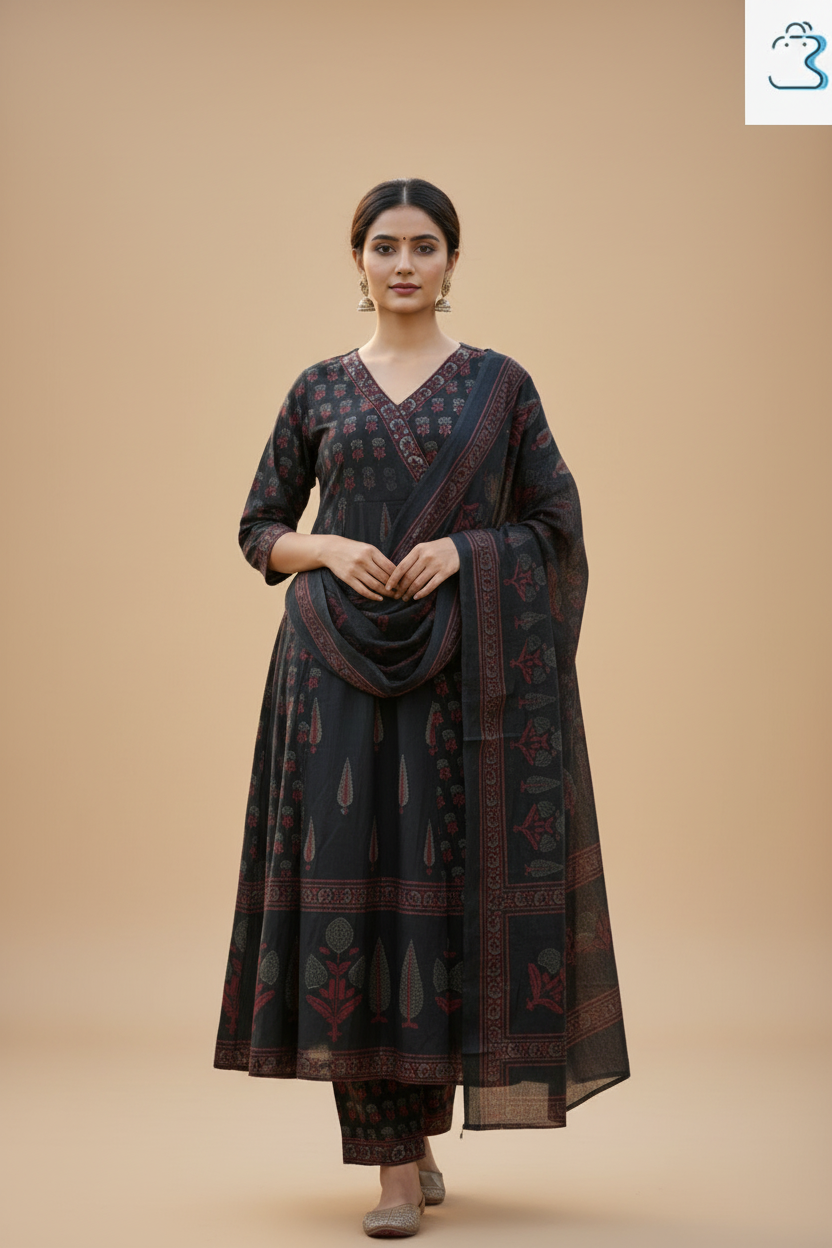 Black & Maroon Printed Anarkali Kurti Set for Women