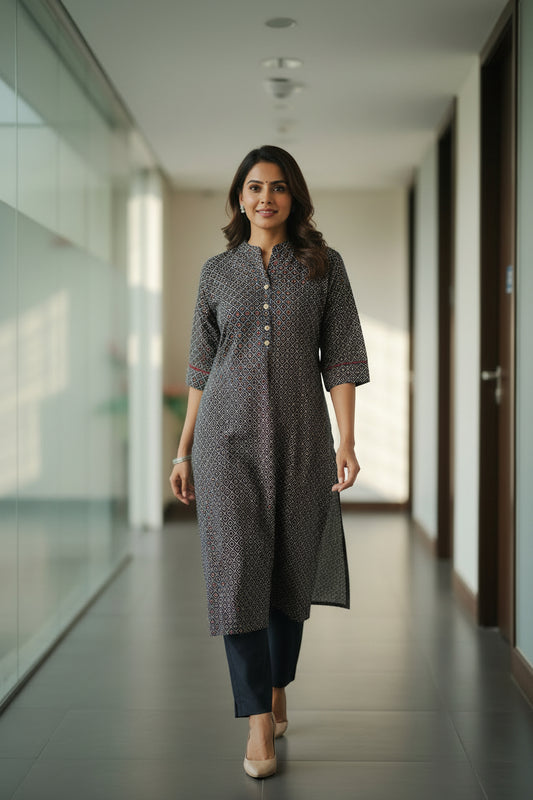 Black Ajarakh Printed Long Kurti for women