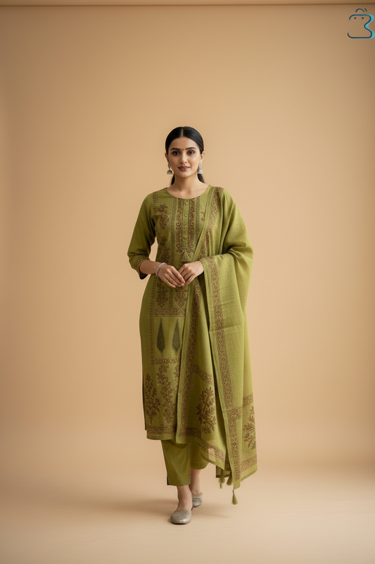 Mehandi Green Printed Cotton Kurta Set with Dupatta
