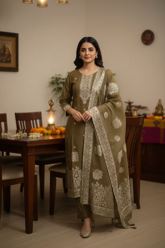 Mehandi Green Jamdhani Dupatta Set For Women
