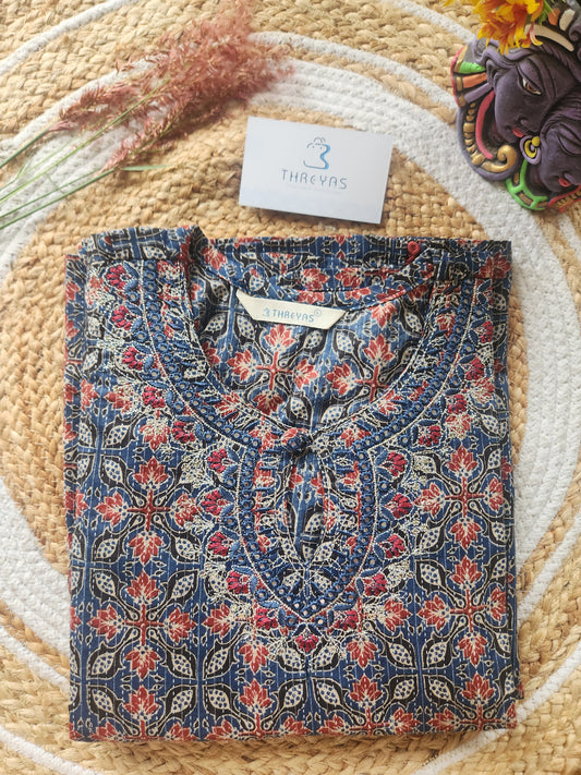 Blue Ajrakh A-Line Cotton Kurti for Women