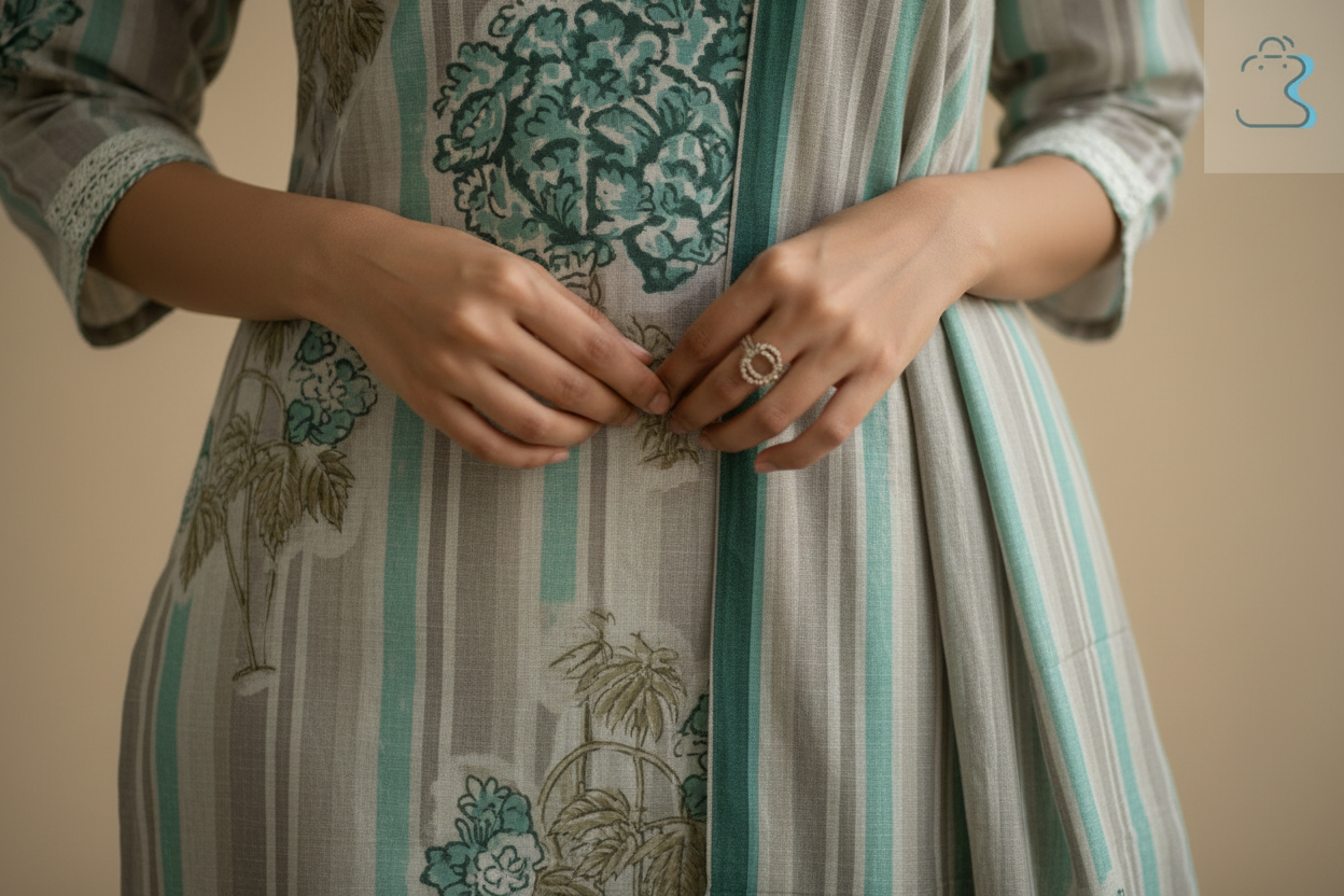 Sea Green & Beige Printed Cotton Kurti Set for Women