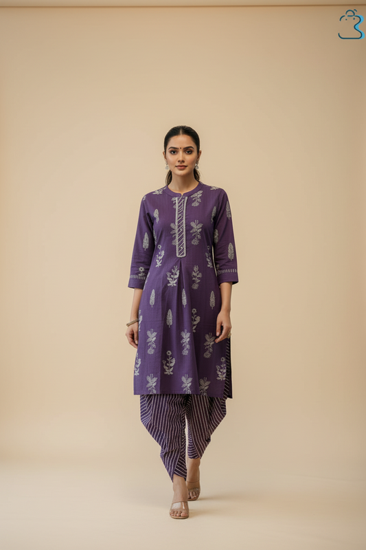 Purple Ethnic Printed Cotton Kurti Set with Pant