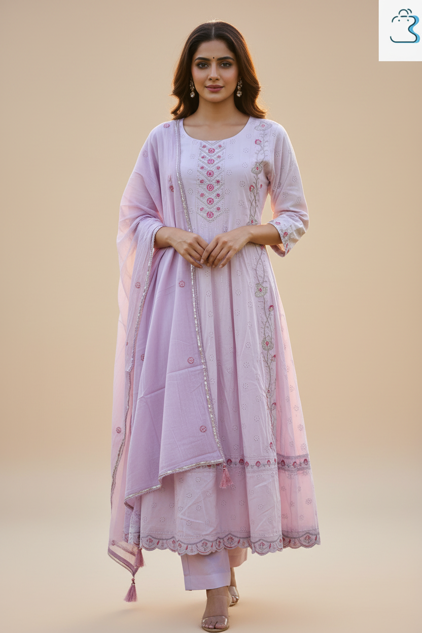 Light Pink Embroidered Anarkali Kurti Set for Women