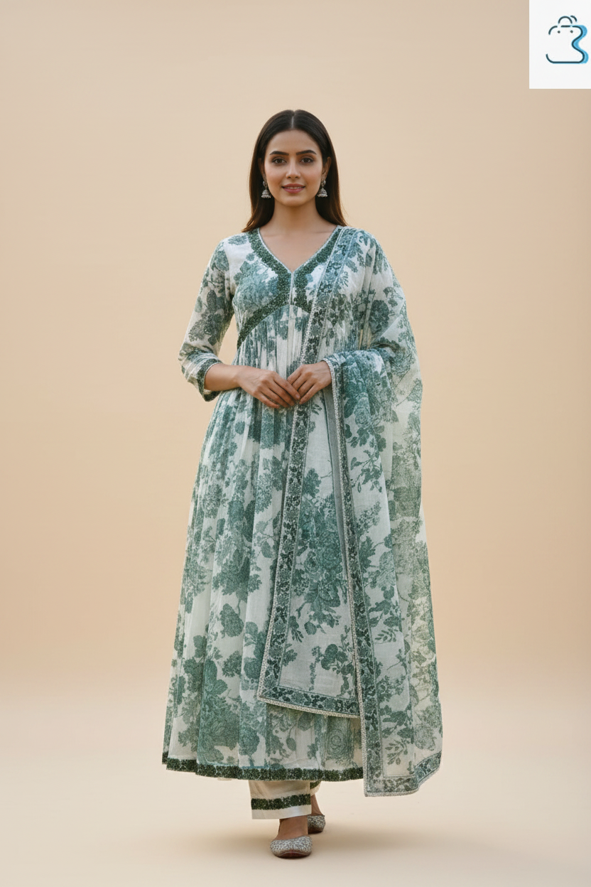 White & Green floral prints Anarkali Kurti Set for Women