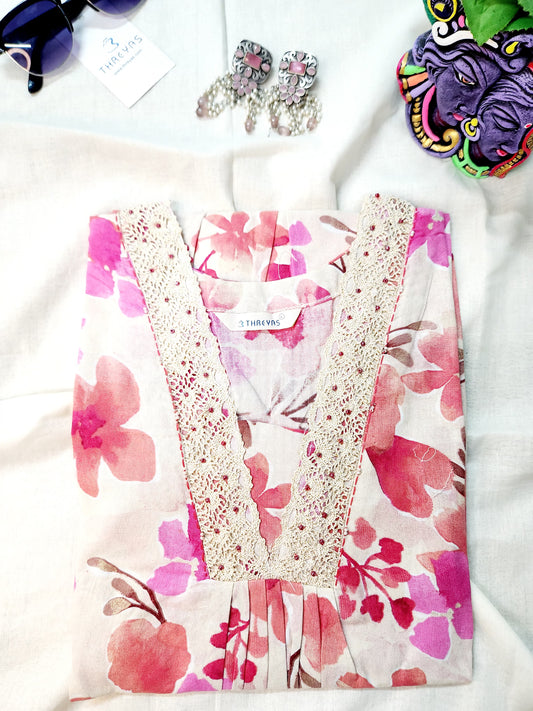 Cream Floral Printed Aline  Kurti