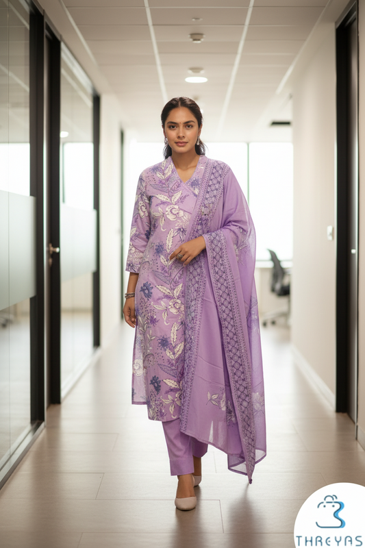 Lavender Embroidered Cotton Kurti Set with Dupatta for Women