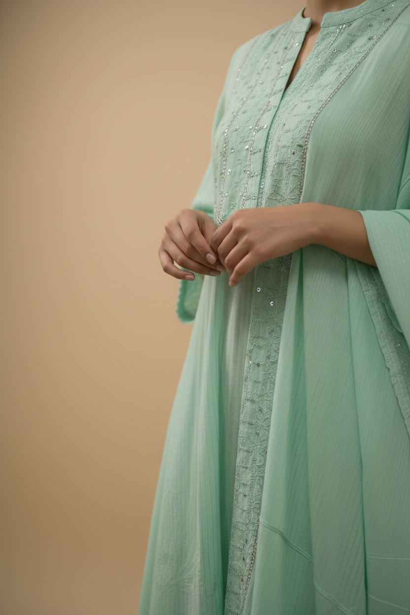 Pista Green Embroidered Cotton Kurti Set with Dupatta for Women