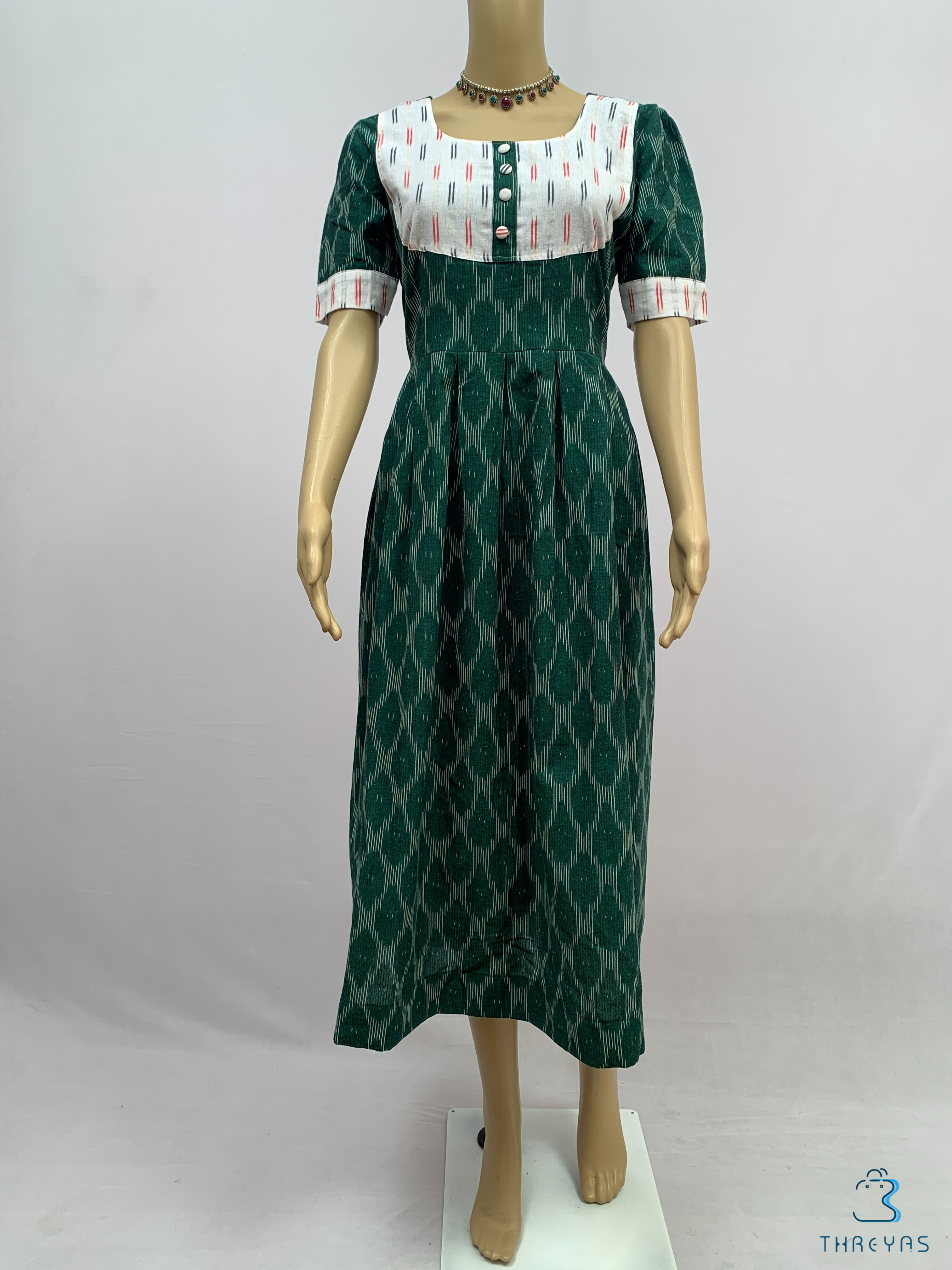Green Flared Ikat Cotton Kurti for Women