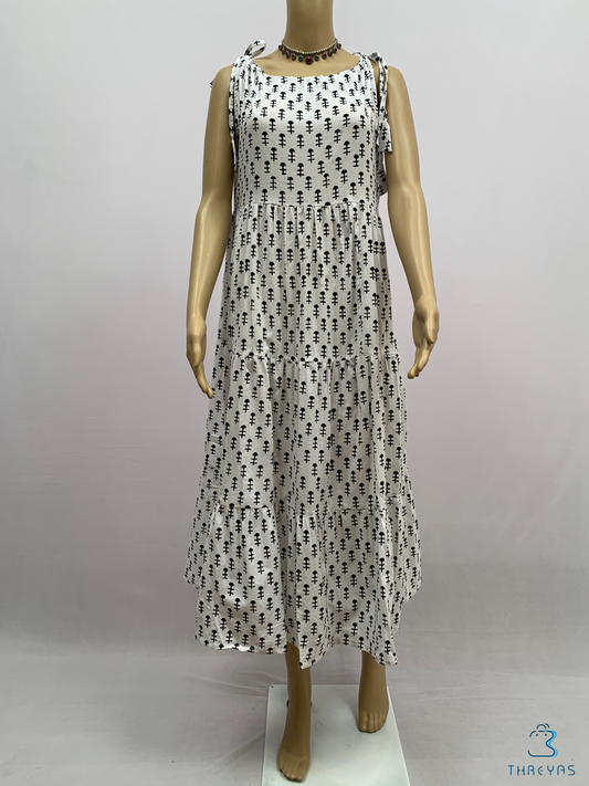 White & Black Cotton Printed Kurthis set with Shoulder Tie-Ups for women |Stylish Kurthis & Kurtis Sets for Women | Threyas