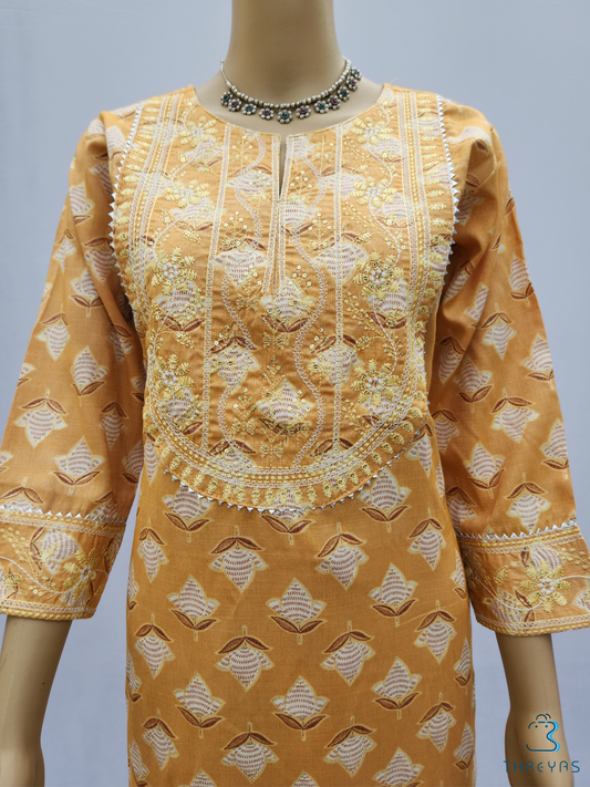 Yellow & White Modal Cotton Kurthis Set with Straight Pant for women | Stylish Kurthis & Kurtis Sets for Women | Threyas