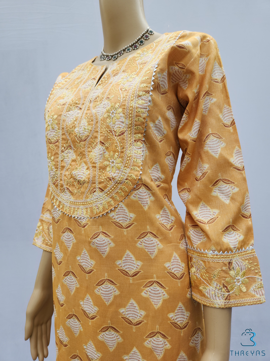Yellow & White Modal Cotton Kurthis Set with Straight Pant for women | Stylish Kurthis & Kurtis Sets for Women | Threyas