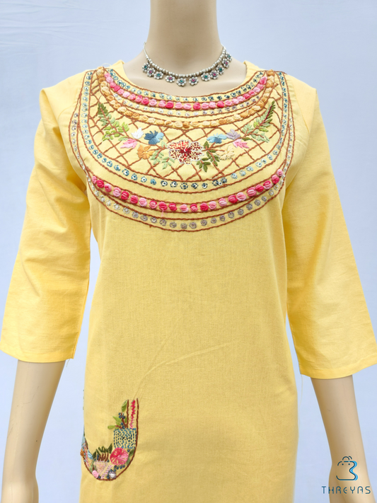 Yellow Cotton thread handwork kurti | Stylish Kurthis & Kurtis Sets for Women | Threyas