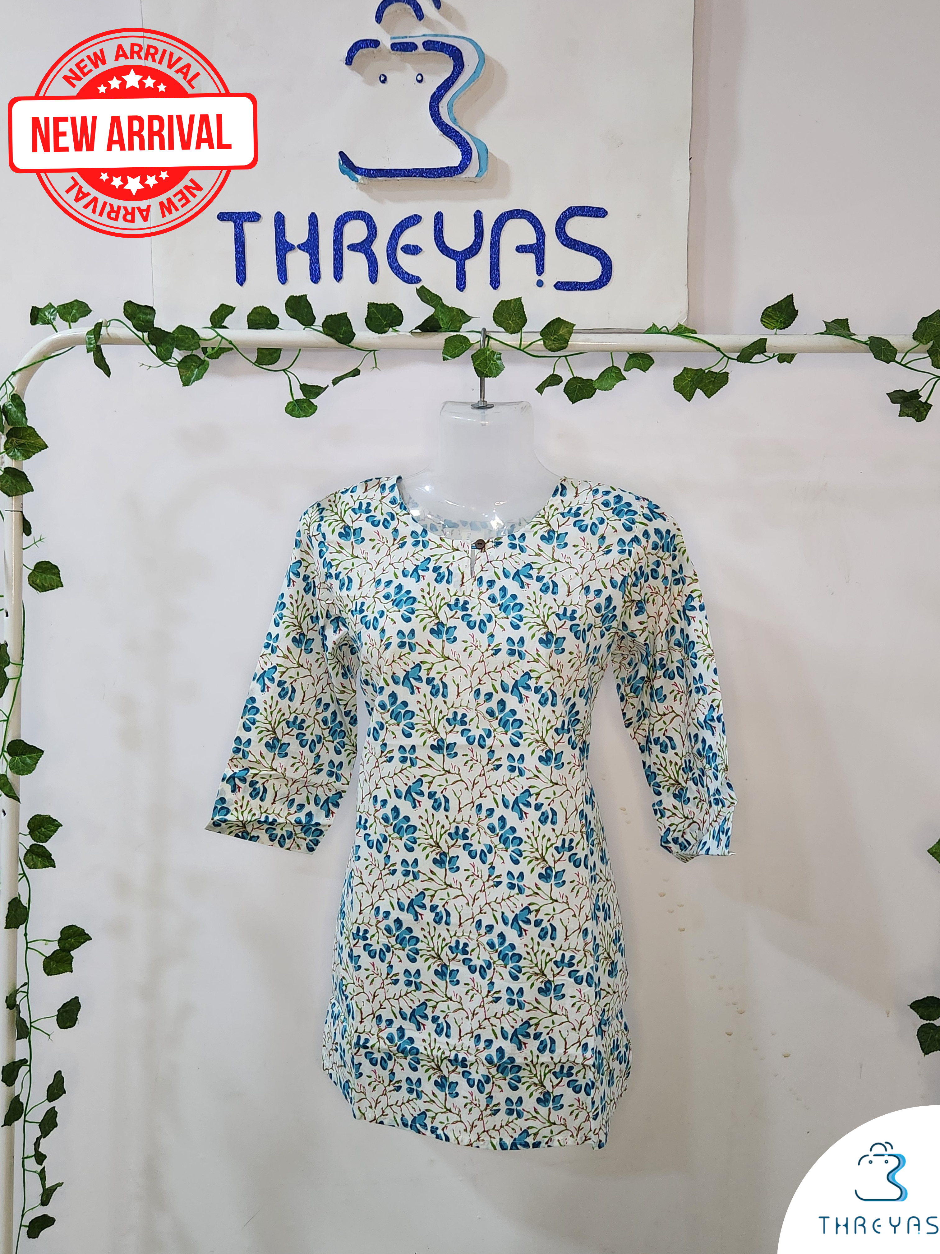 White & Blue Cotton Short Kurti for women  | Stylish Kurthis & Kurtis Sets for Women  |  Threyas 