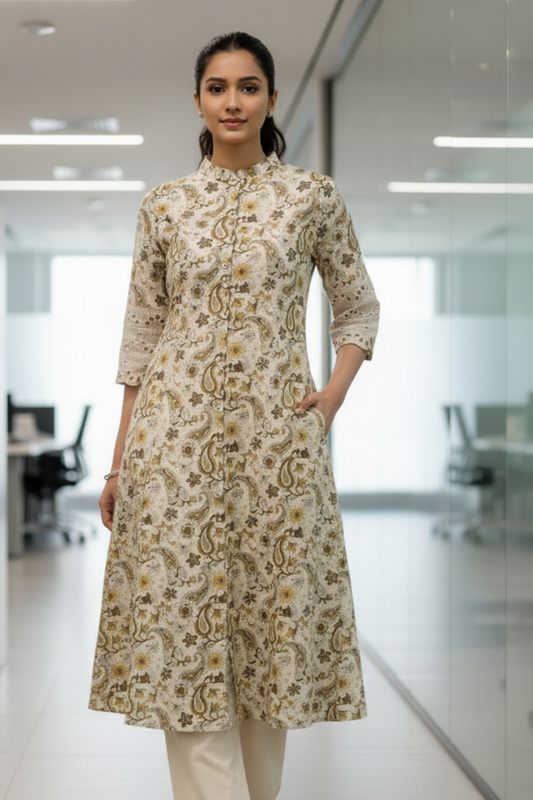 Beige Flex Cotton Kurti Set for Women