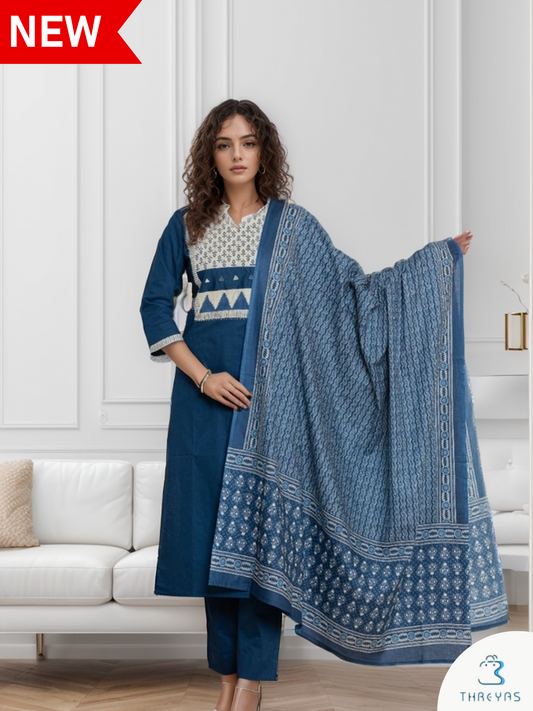 Dark Blue Cotton Kurtis Set for women with Duppatta