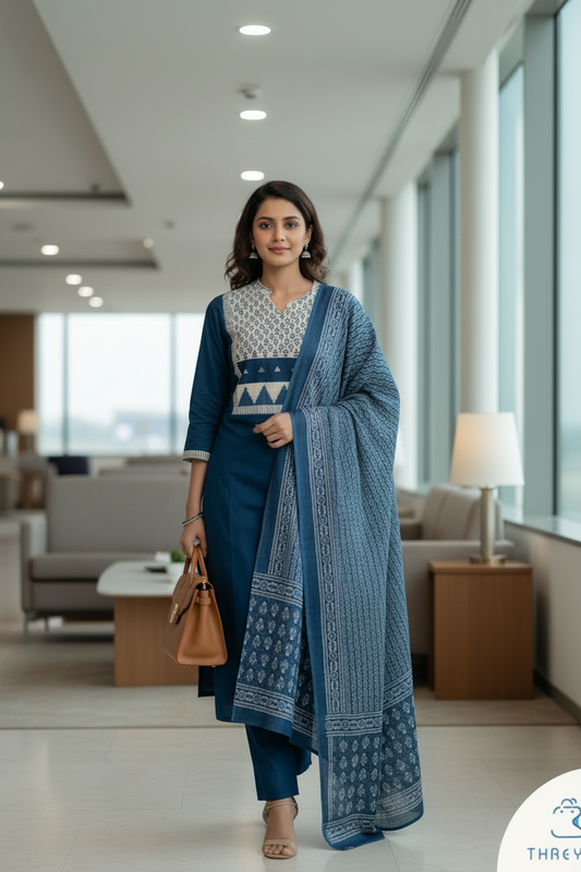 Dark Blue Cotton Kurtis Set for Women with Dupatta