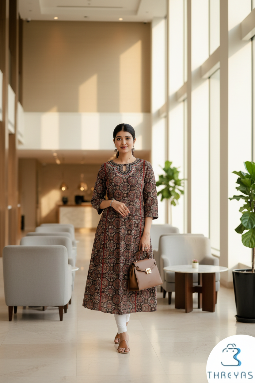 Black with Maroon Ajarakh A-Line Kurti