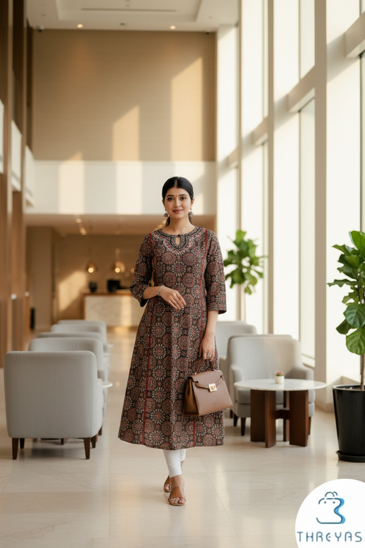 Black with Maroon Ajarakh A-Line Kurti