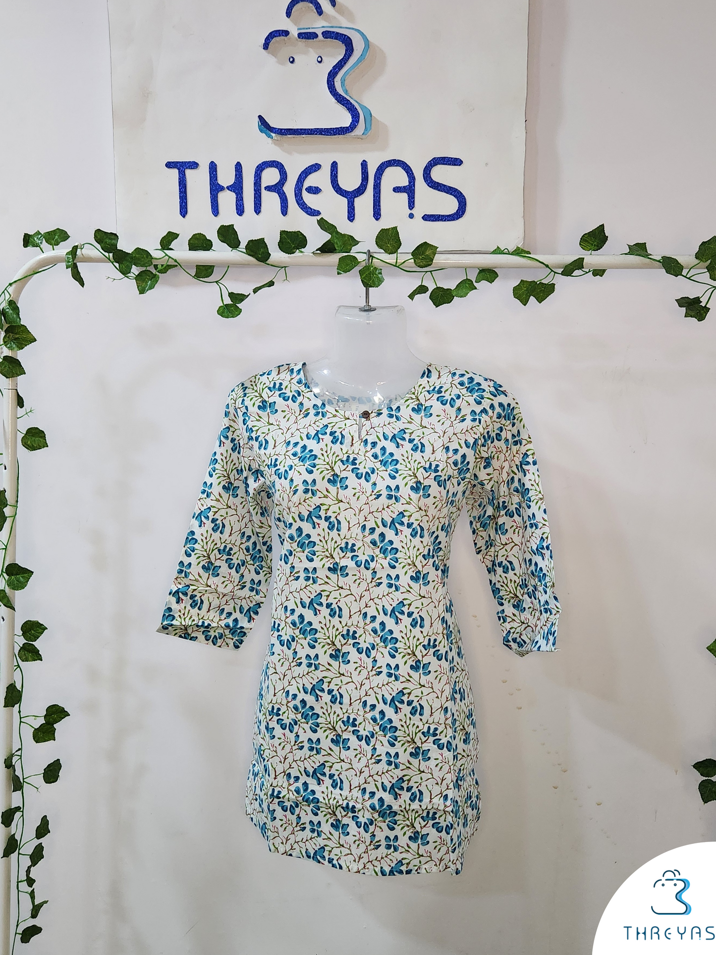 White & Blue Cotton Short Kurti for women  | Stylish Kurthis & Kurtis Sets for Women  |  Threyas 