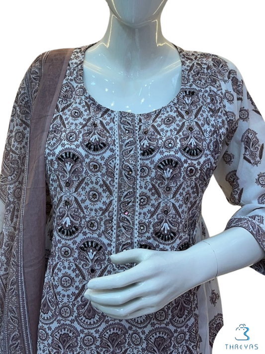 White and Brown Color Kurtis Set for women with Printed Dupatta