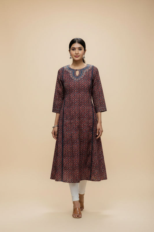 Maroon and Blue Ajarakh A-Line Kurti