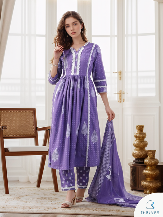 Purple Color Kurtis Set for women with Printed Dupatta and Matching Bag