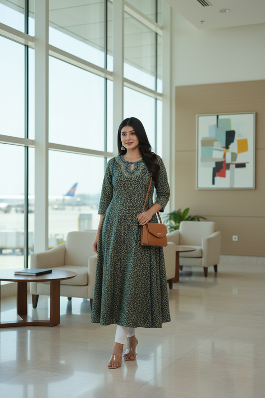 Gray Ajarakh A-Line Kurti