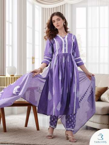 Purple Color Kurtis Set for women with Printed Dupatta and Matching Bag