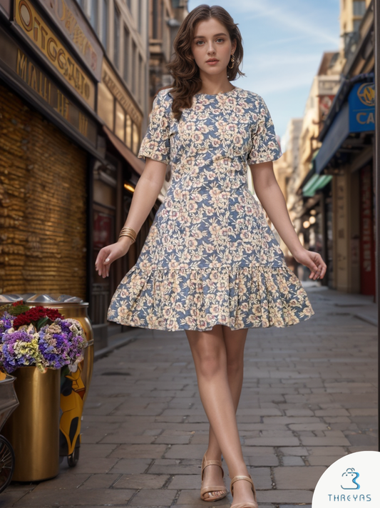 Gray Cotton Floral Printed Dress