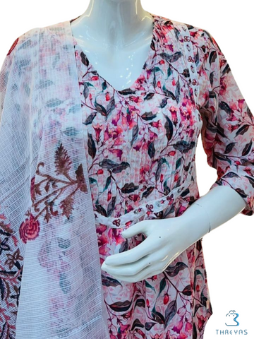 Peach Color Lenin Cotton Kurtis Set for women with Printed Dupatta