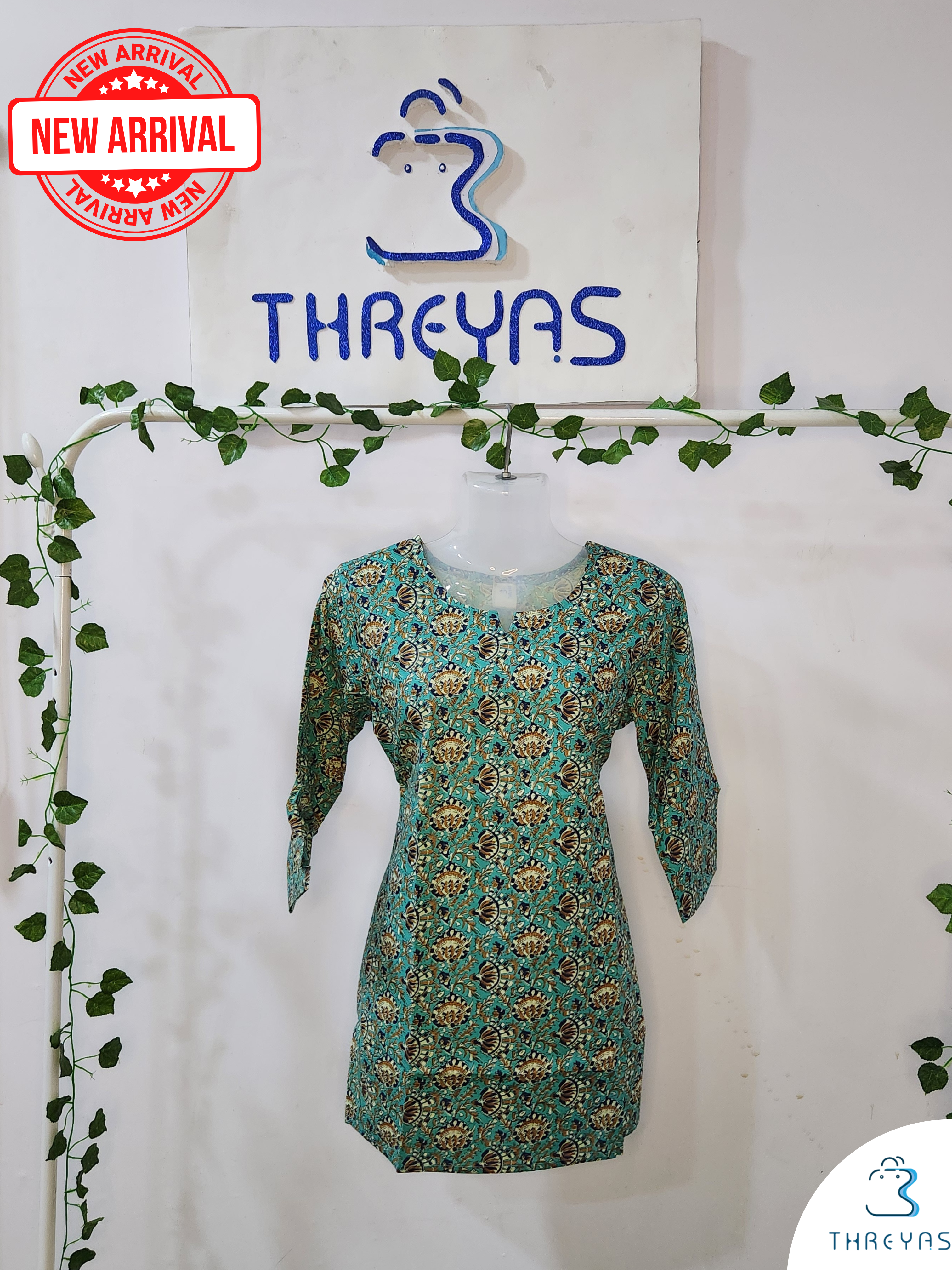 Green Cotton Short Kurti for women | Stylish Kurthis & Kurtis Sets for Women | Threyas 