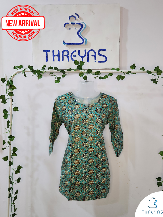 Green Cotton Short Kurti for women | Stylish Kurthis & Kurtis Sets for Women | Threyas 