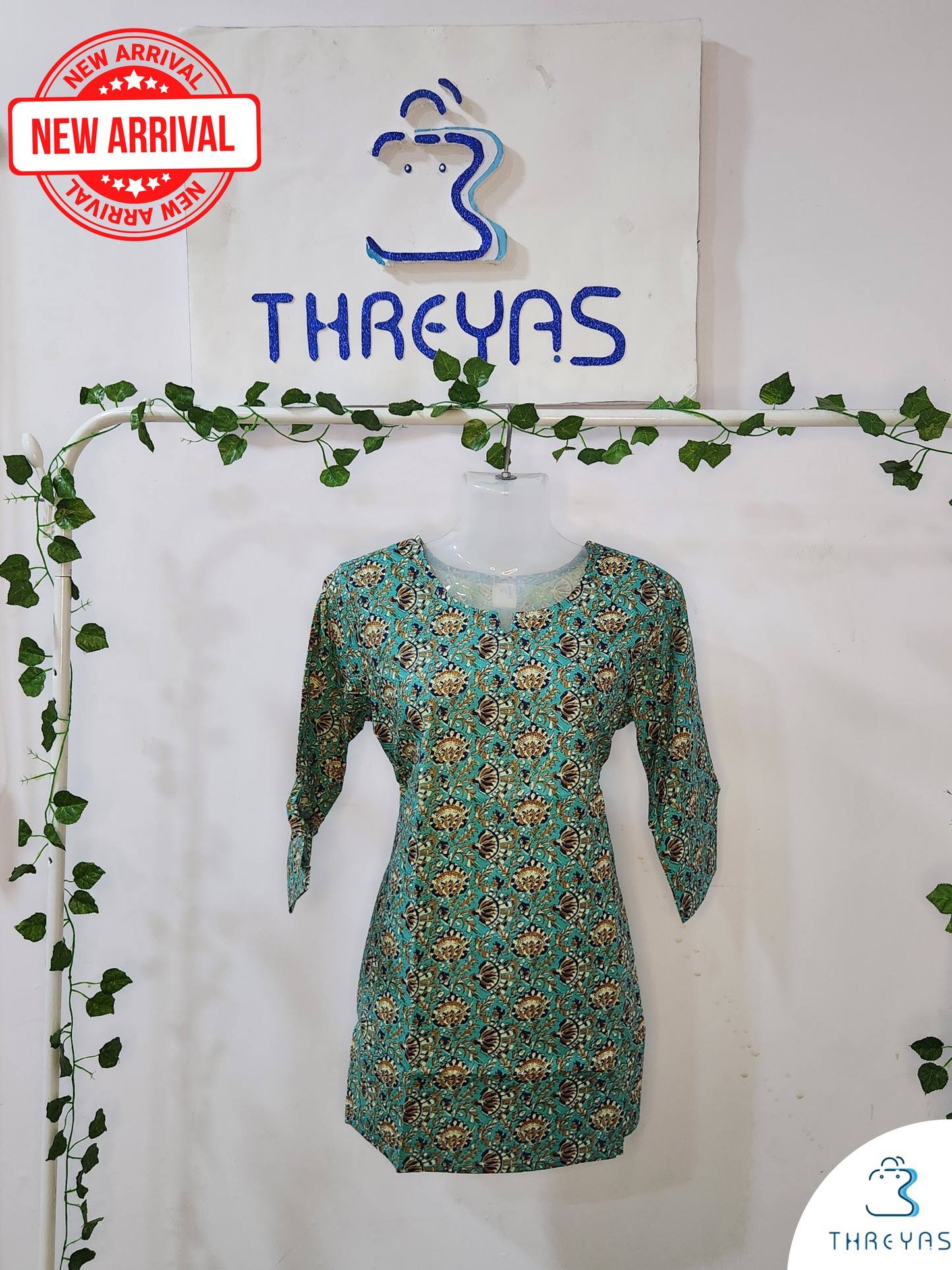 Green Cotton Short Kurti for women | Stylish Kurthis & Kurtis Sets for Women | Threyas 