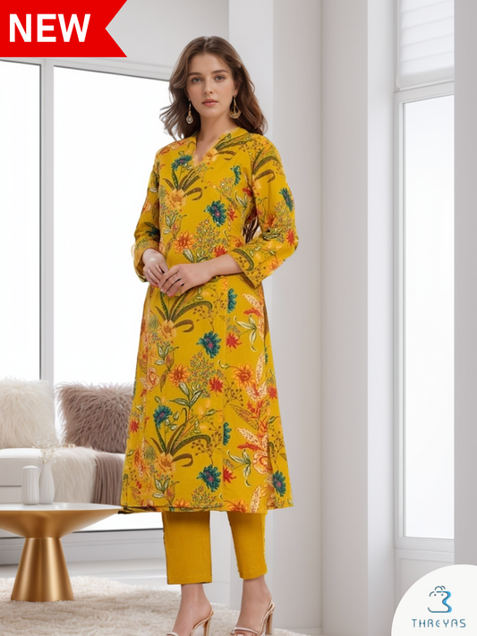 Yellow Cotton Floral Printed Angrakha Style Kurthis Set for women