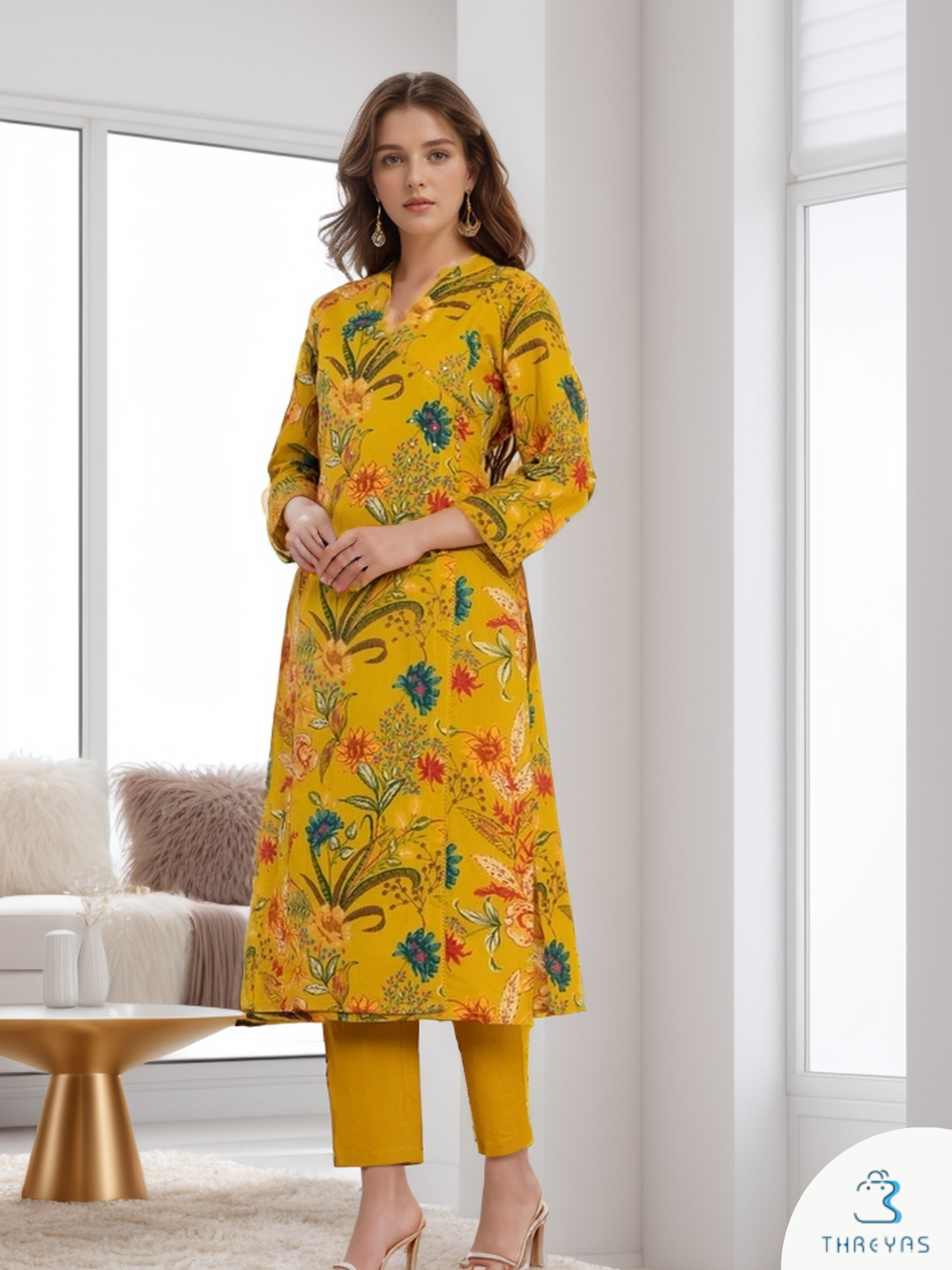 Yellow Cotton Floral Printed Angrakha Style Kurthis Set for women