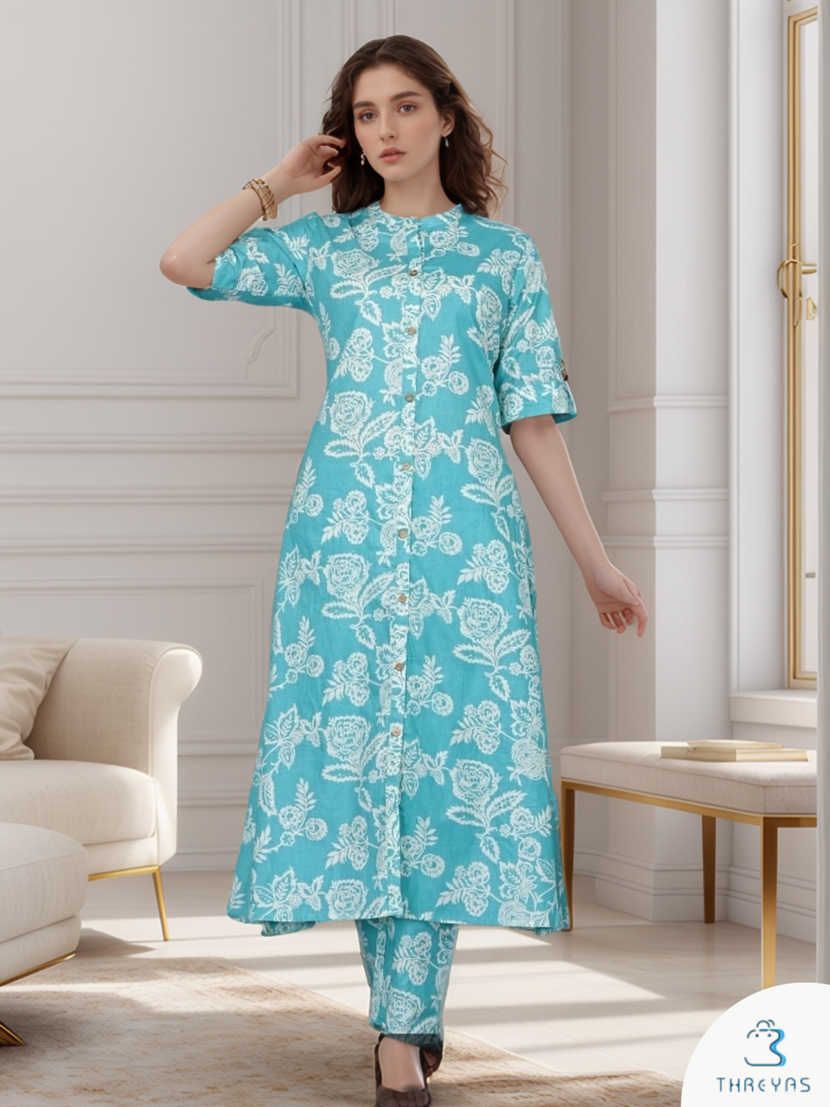 Light Blue Cotton kurthis Set for women