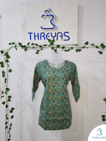 Green Cotton Short Kurti for women | Stylish Kurthis & Kurtis Sets for Women | Threyas 