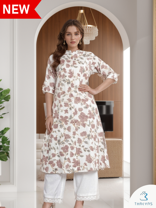 White Cotton Floral Printed A-Line Style Kurthis Set for women