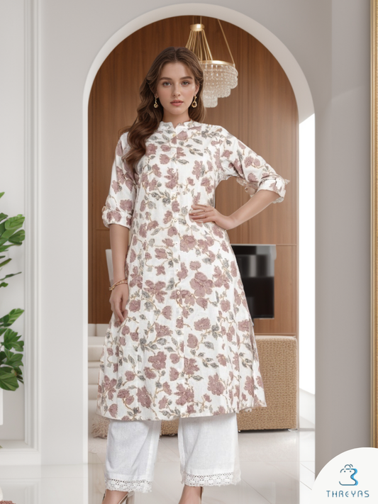 White Cotton Floral Printed A-Line Style Kurthis Set for women