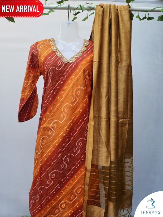 Maroon and Yellow Cotton Silk kuriths Set for women  |  Stylish Kurthis & Kurtis Sets for Women  | Threyas 