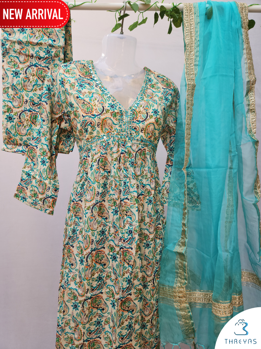 Sky Blue Cotton Alia Cut Kurthis Set for women | Stylish Kurthis & Kurtis Sets for Women | Threyas 