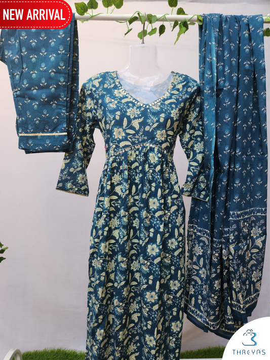Blue Cotton Kurtha Set for women |Stylish Kurthis & Kurtis Sets for Women | Threyas 