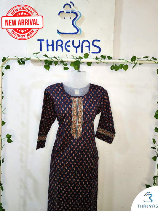 Blue Cotton Long Kurta for women |  Stylish Kurthis & Kurtis Sets for Women | Threyas 