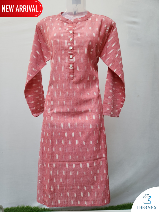 Coral Pink Cotton kurti |Coral Pink Cotton kurti for women |Threyas 