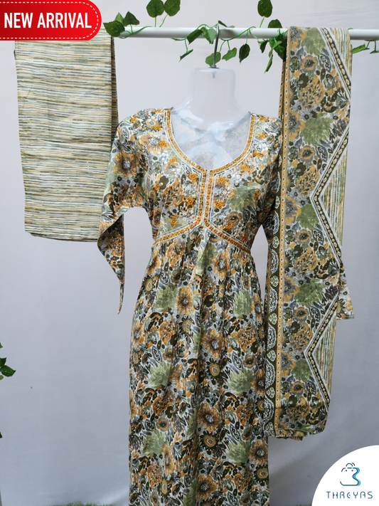 Light Green Cotton Alia Cut Kurthis Set for women | Stylish Kurthis & Kurtis Sets for Women | Threyas 