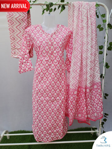 White and Pink Cotton  Kurthis Set for women |  Stylish  Kurthis &  Kurtis Sets for Women  | Threyas 